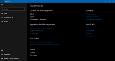 mode sombre films et tv windows10