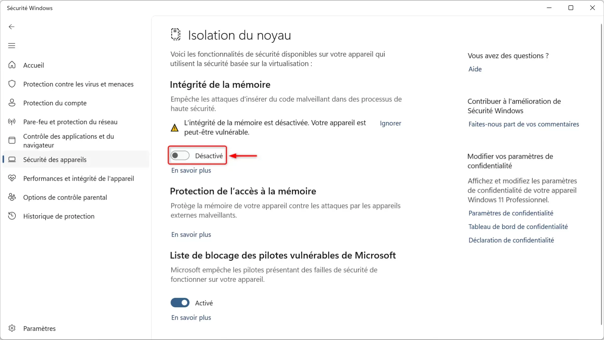 Capture d'écran des paramètres d'Isolation de base de Windows 11 avec l'option Intégrité de la mémoire désactivée.