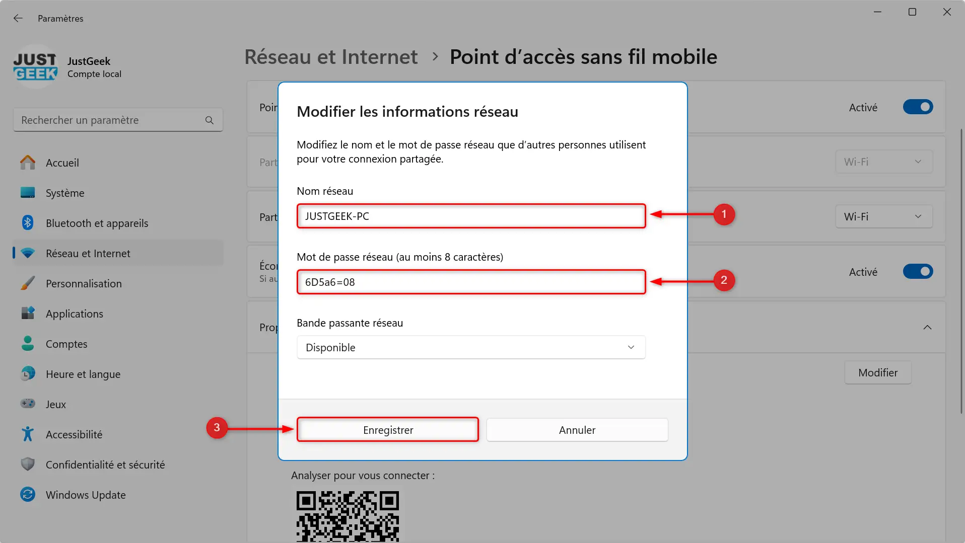 Modifier les informations réseau du point d'accès sans fil mobile