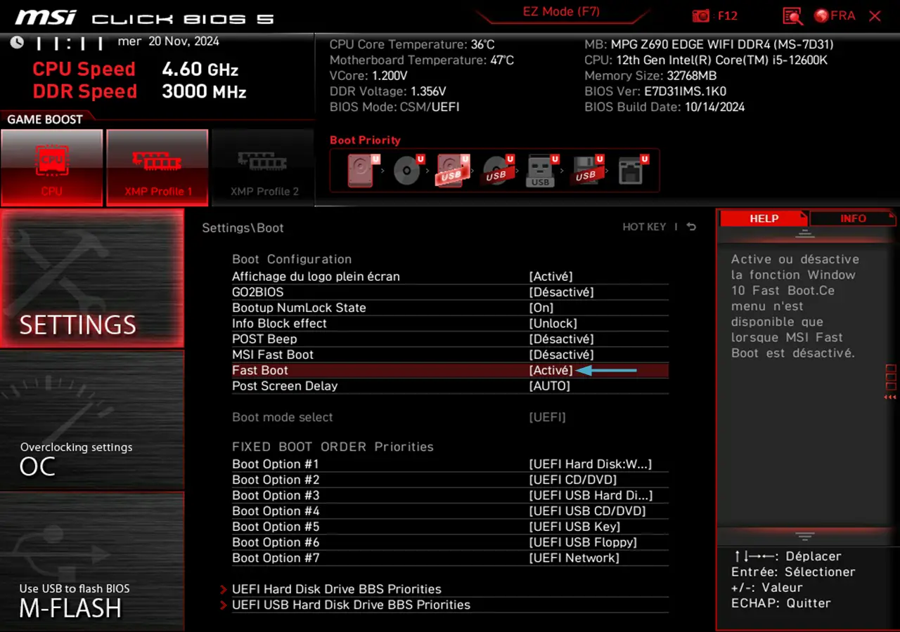 activer fast boot bios msi etape 3