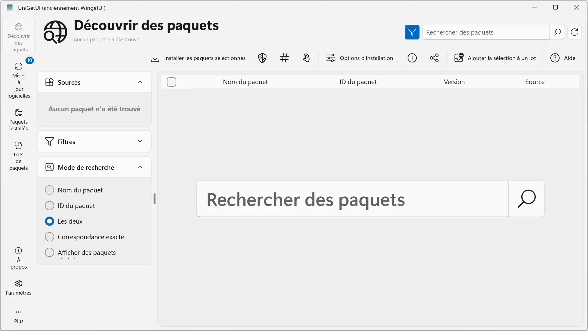 Capture d'écran de l'onglet « Découvrir des paquets »