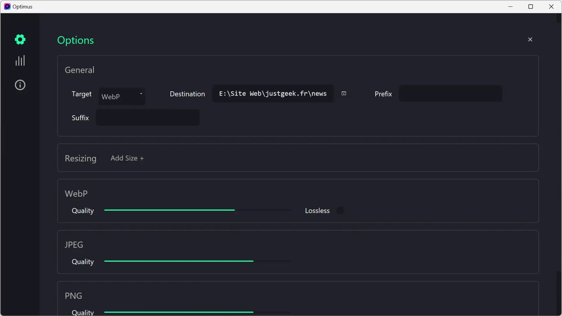 Options du logiciel Optimus