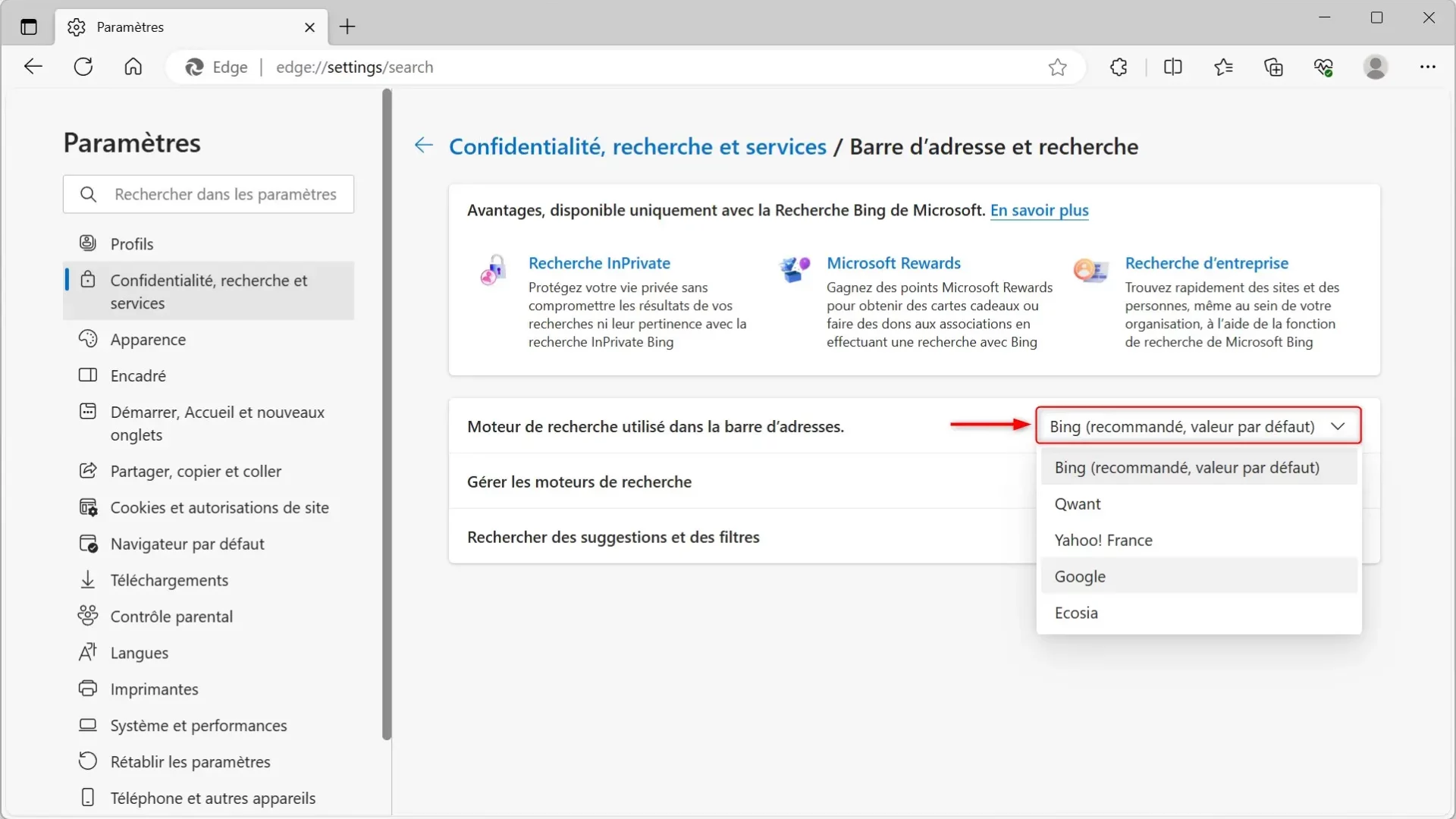 Changer le moteur de recherche par défaut sur Microsoft Edge