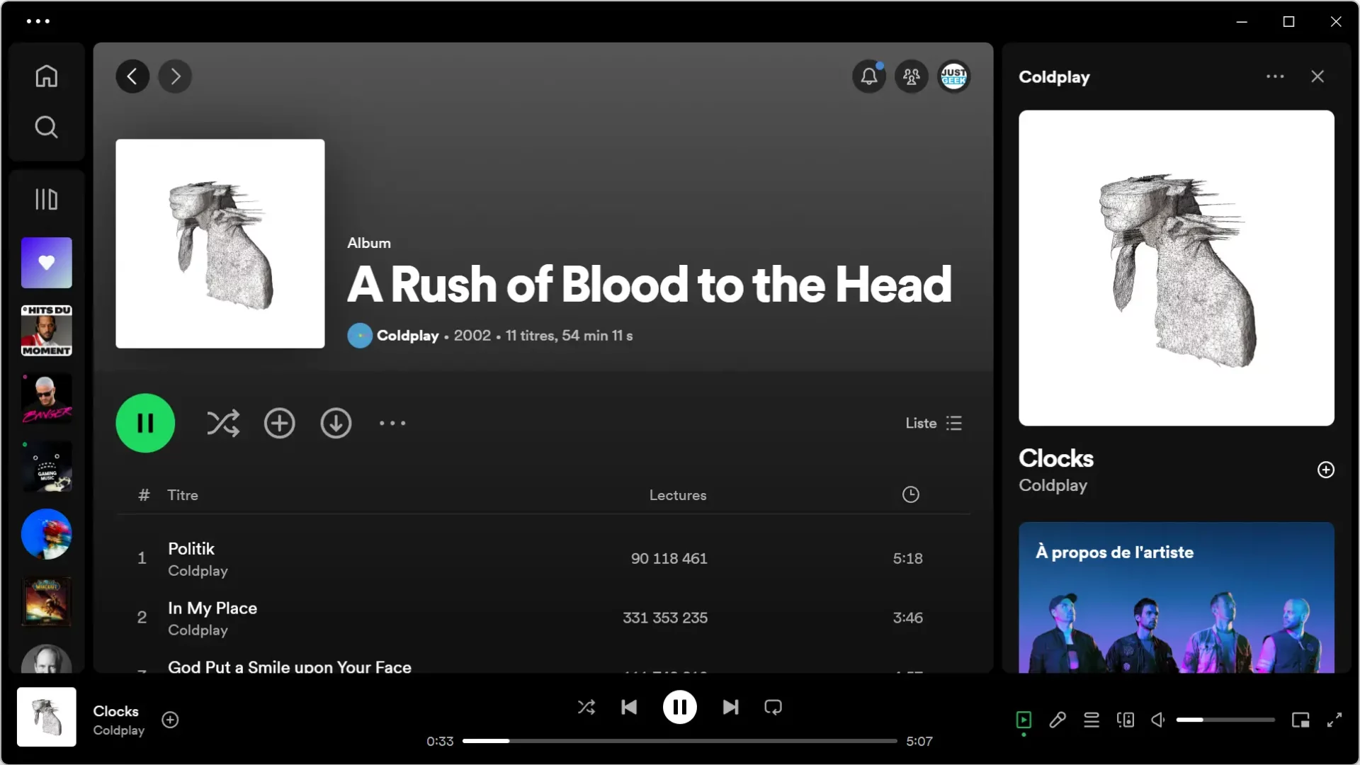 Interface de l'application Spotify