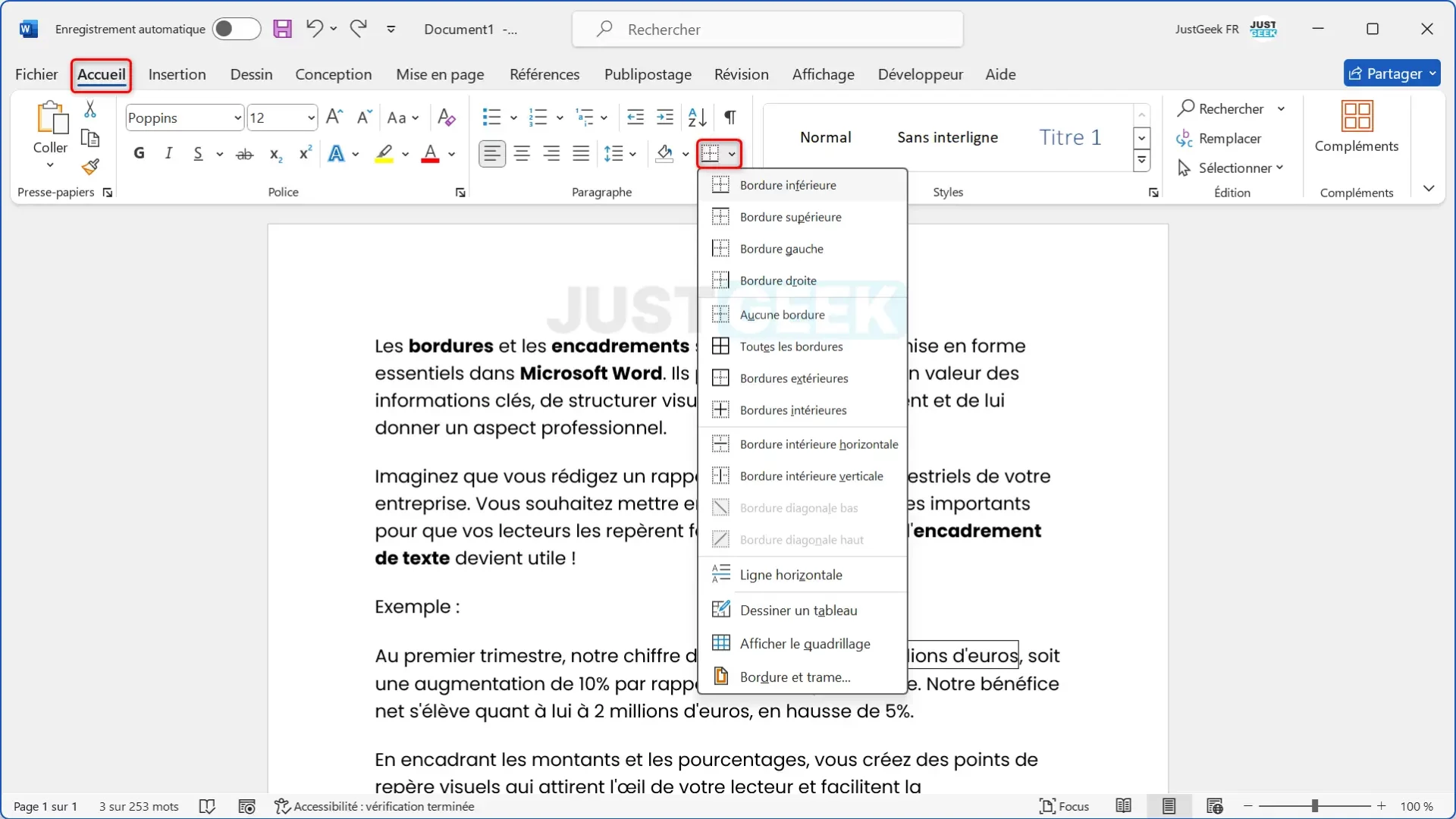 Sélection de l'outil Bordure dans le ruban de Word pour encadrer un texte