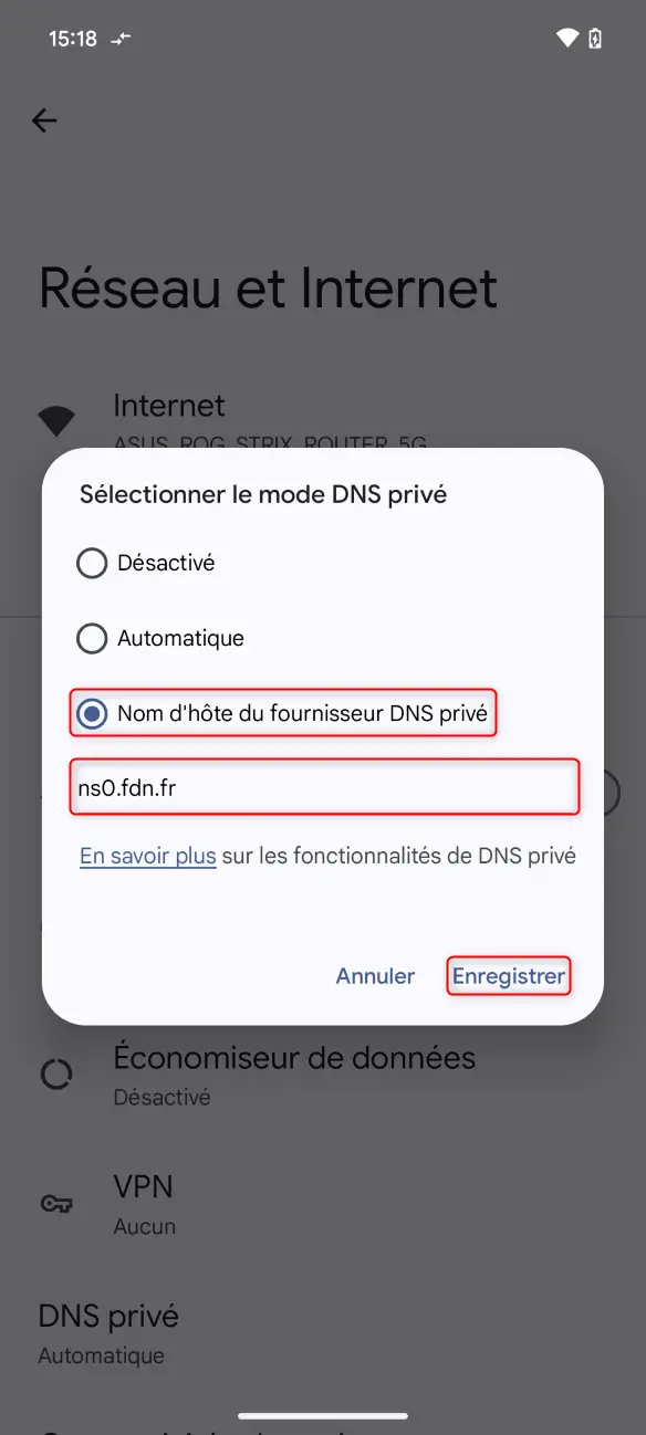 Saisir le nom d'hôte du fournisseur DNS privé sur Android