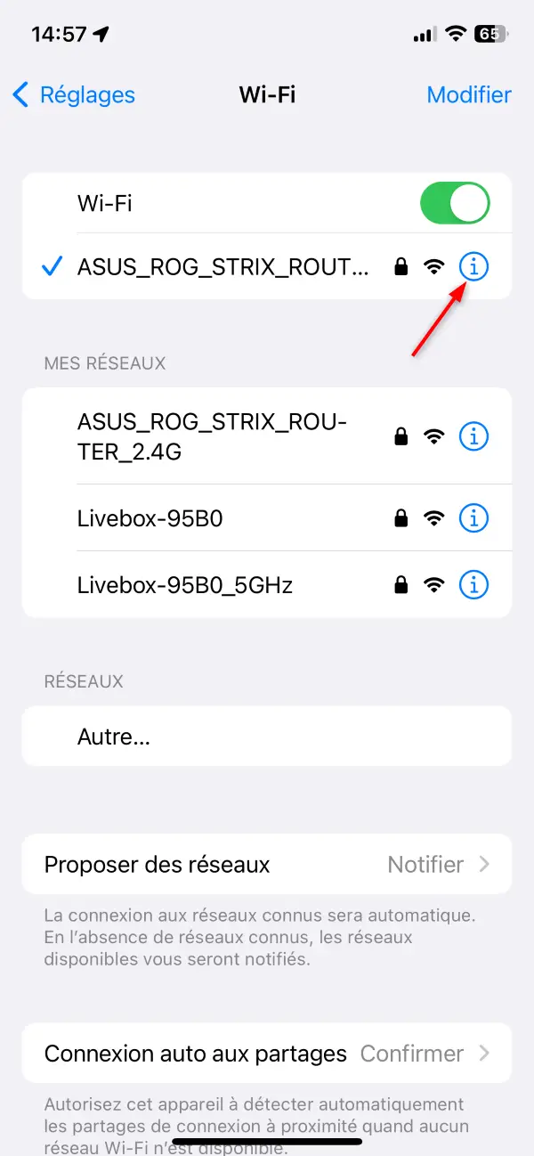 Informations sur le réseau Wi-Fi sur iOS