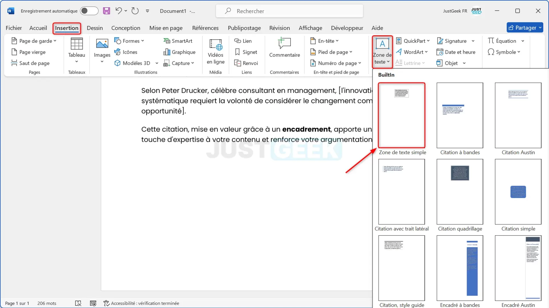 Insertion d'une zone de texte dans Word via le menu Insertion