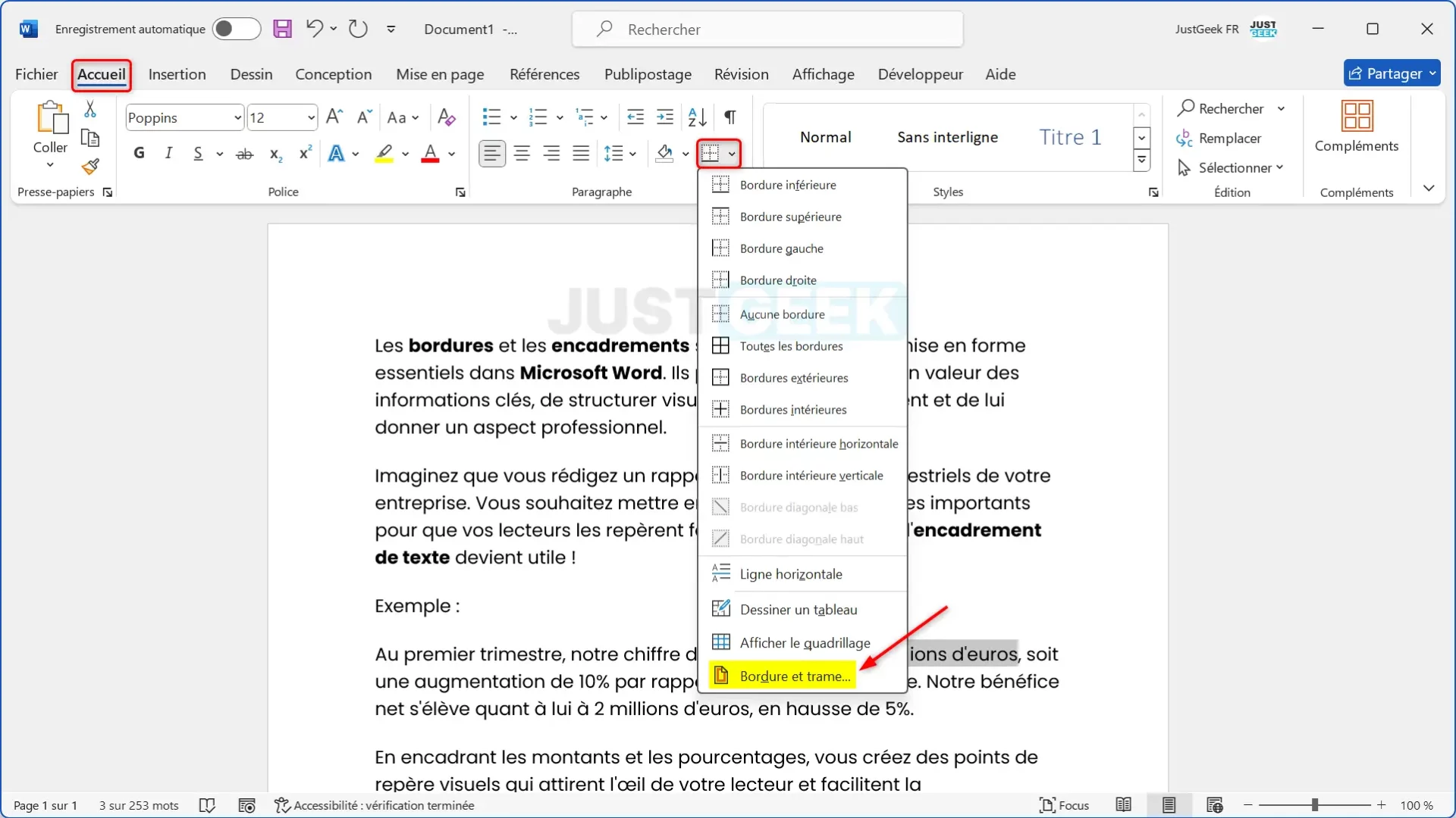 Menu "Bordure et trame" dans Word