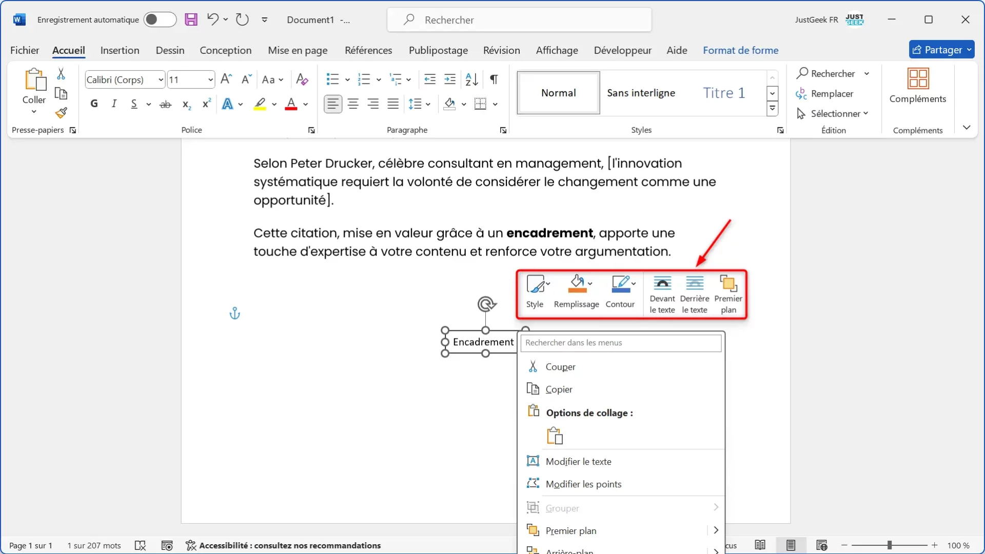 Options de mise en forme d'une zone de texte dans Word : couleur de fond, bordure, effets