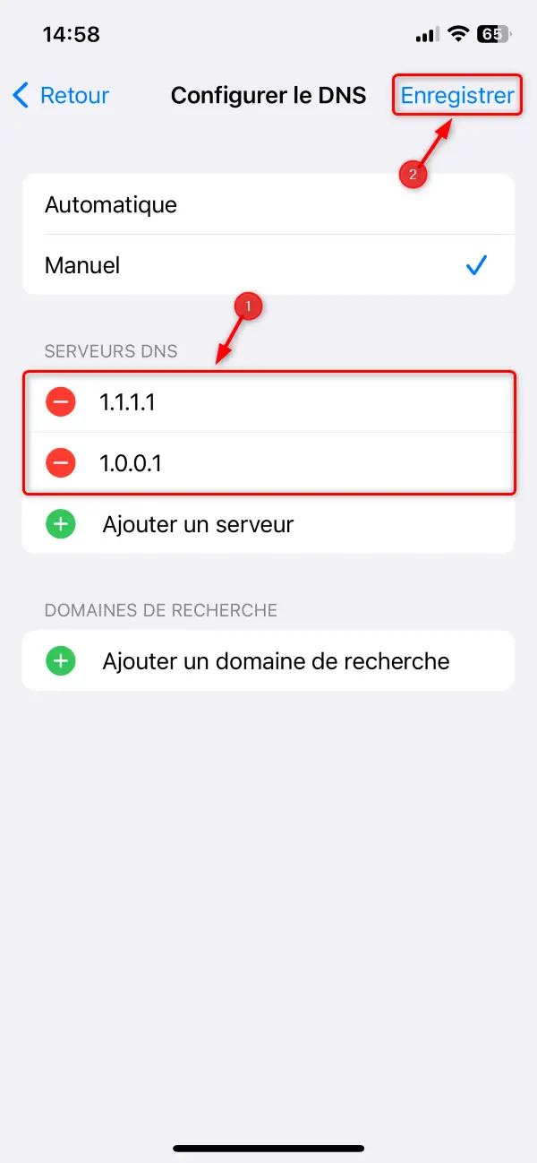 Saisir les adresses DNS sur iOS