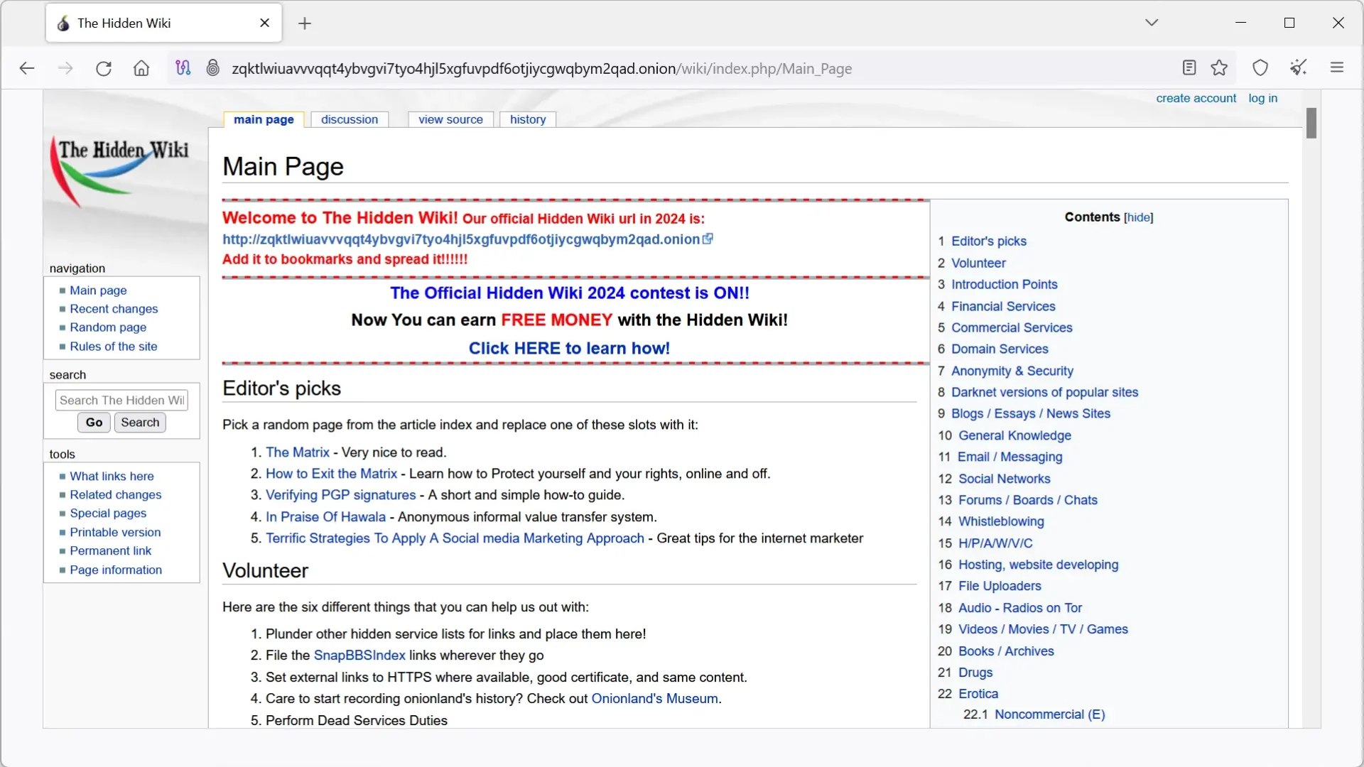 Capture d'écran du site The Hidden Wiki