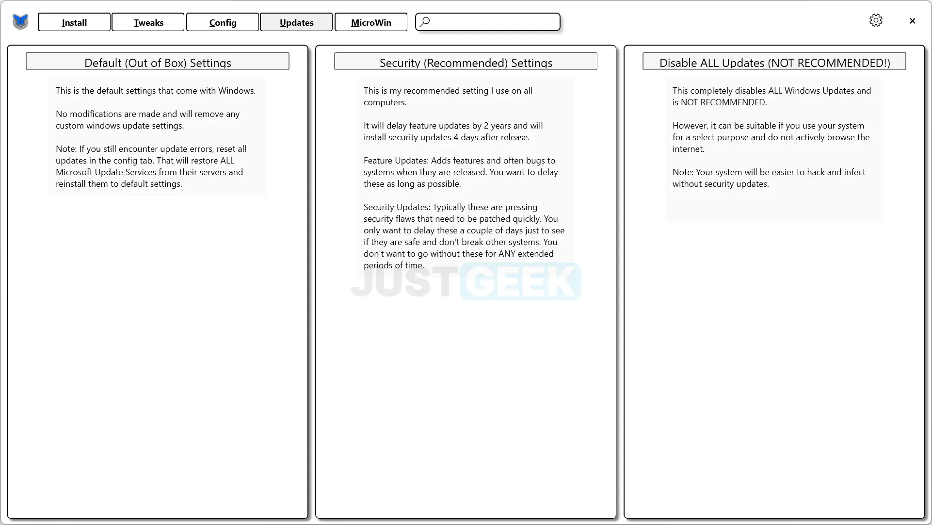 Capture d'écran de l'onglet Updates de WinUtil proposant différentes stratégies de gestion des mises à jour de Windows 11