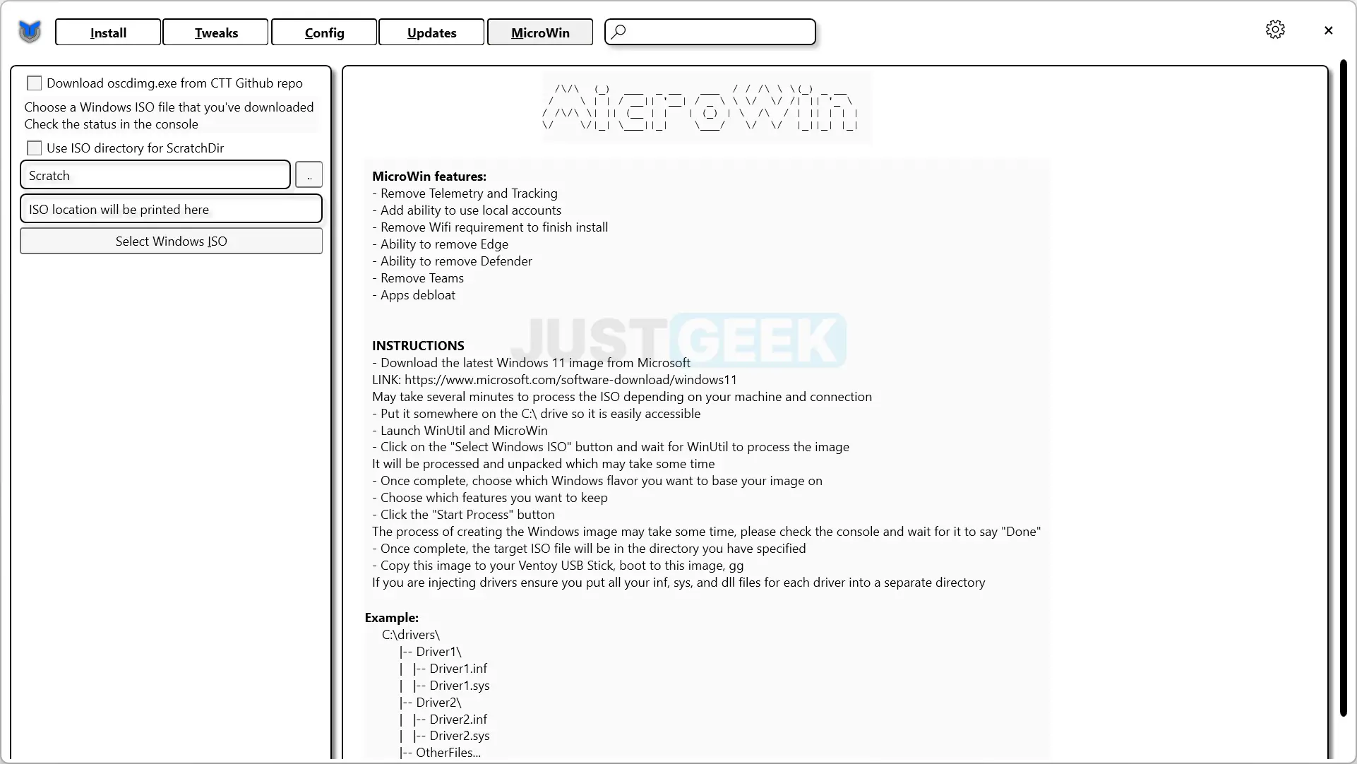 Capture d'écran de l'onglet MicroWin de WinUtil permettant de créer une ISO personnalisée de Windows 11