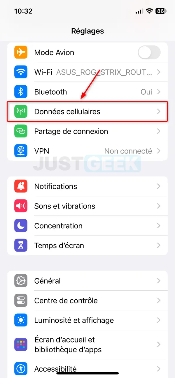 Capture d'écran du menu Réglages de l'iPhone mettant en évidence l'option Données cellulaires