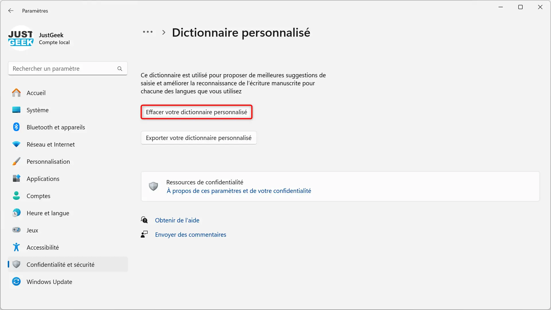 Capture d'écran montrant comment effacer le dictionnaire personnalisé dans les paramètres d'entrée manuscrite de Windows 11