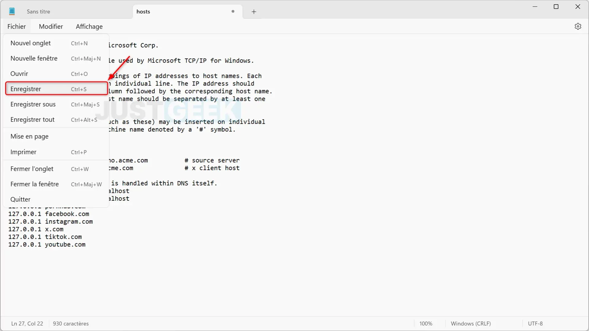 Enregistrer le fichier hosts dans le Bloc-notes
