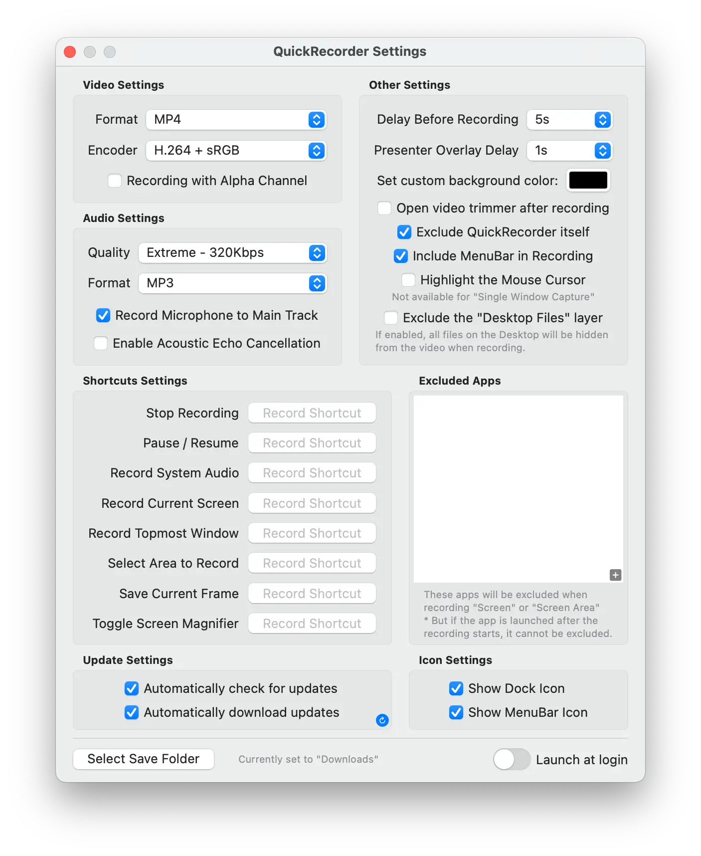 Capture d'écran de la fenêtre des paramètres de l'application QuickRecorder