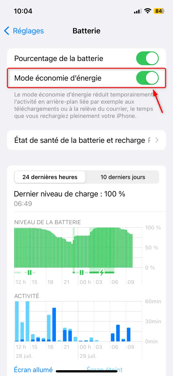 Activer le mode économie d'énergie sur iPhone