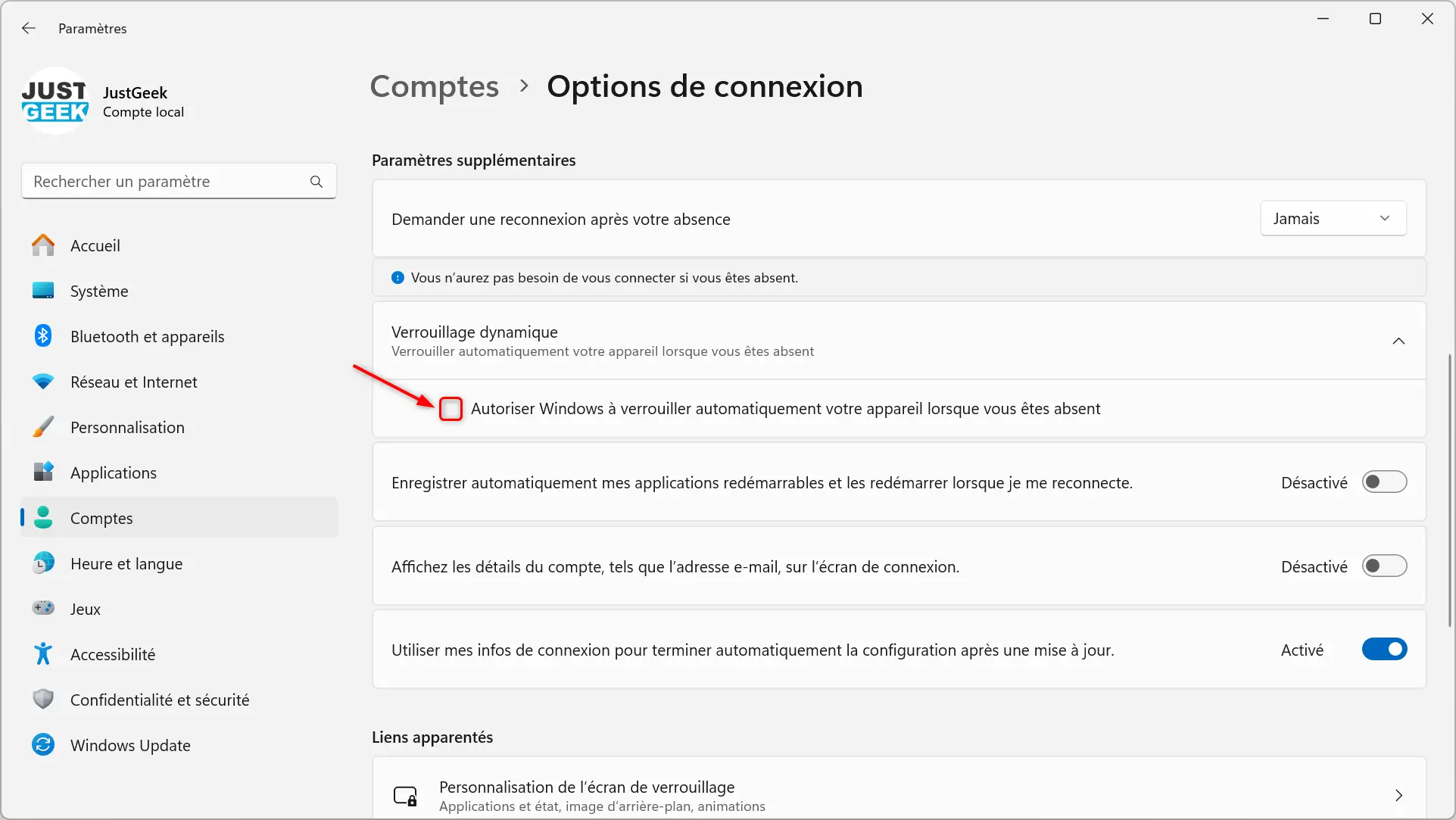 Désactiver le verrouillage dynamique sur Windows 11