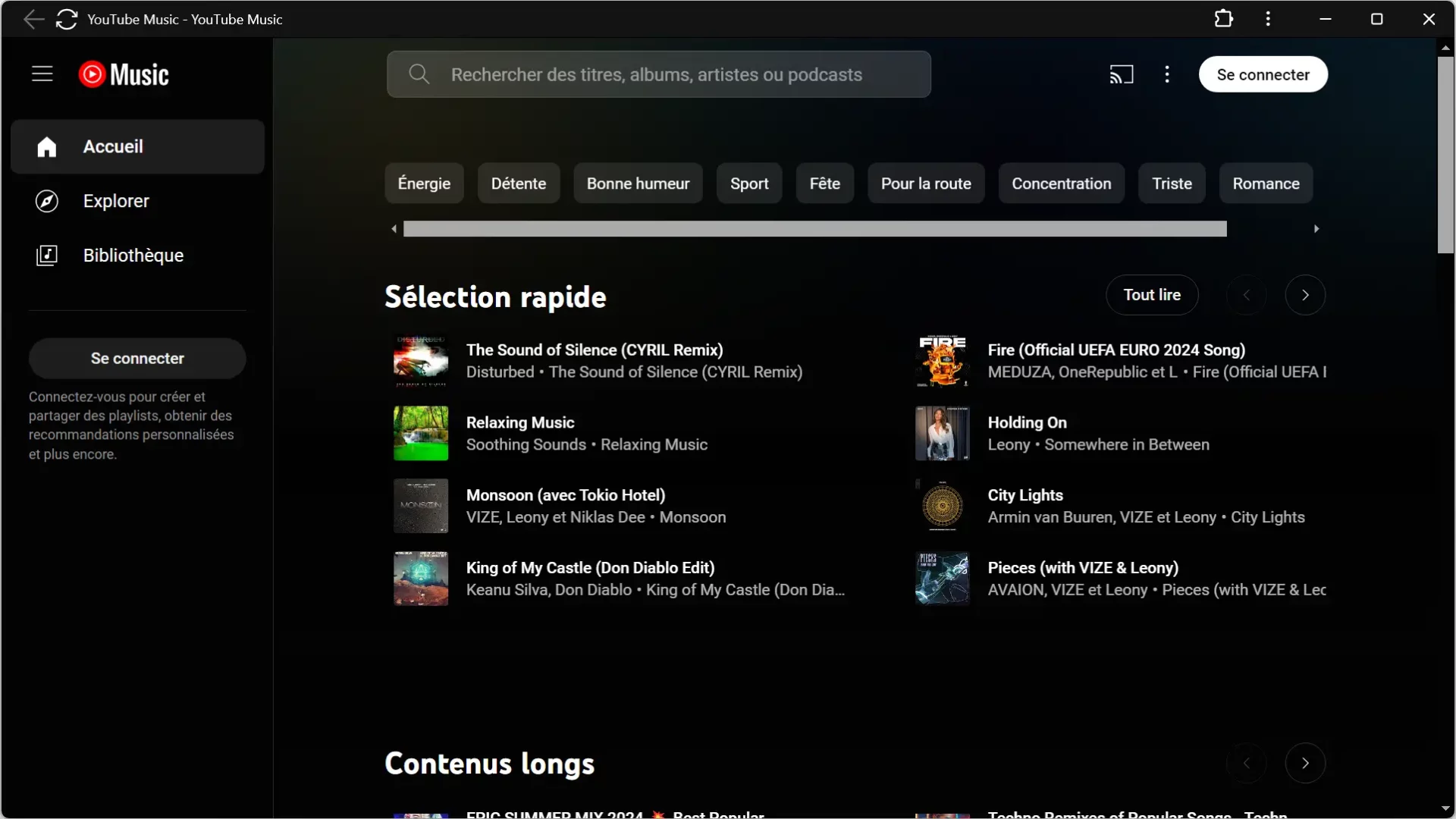 Capture d'écran de l'application web YouTube Music