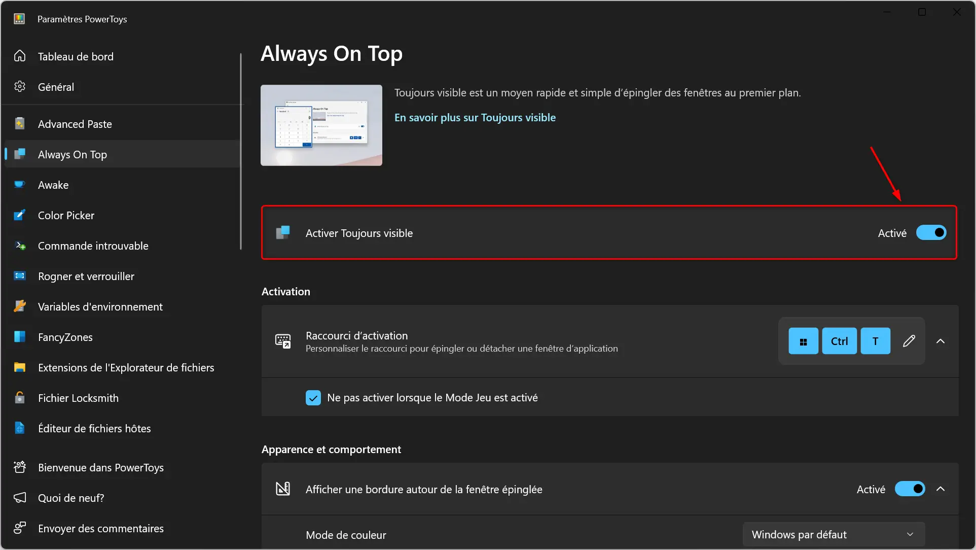 Activer Always On Top dans PowerToys