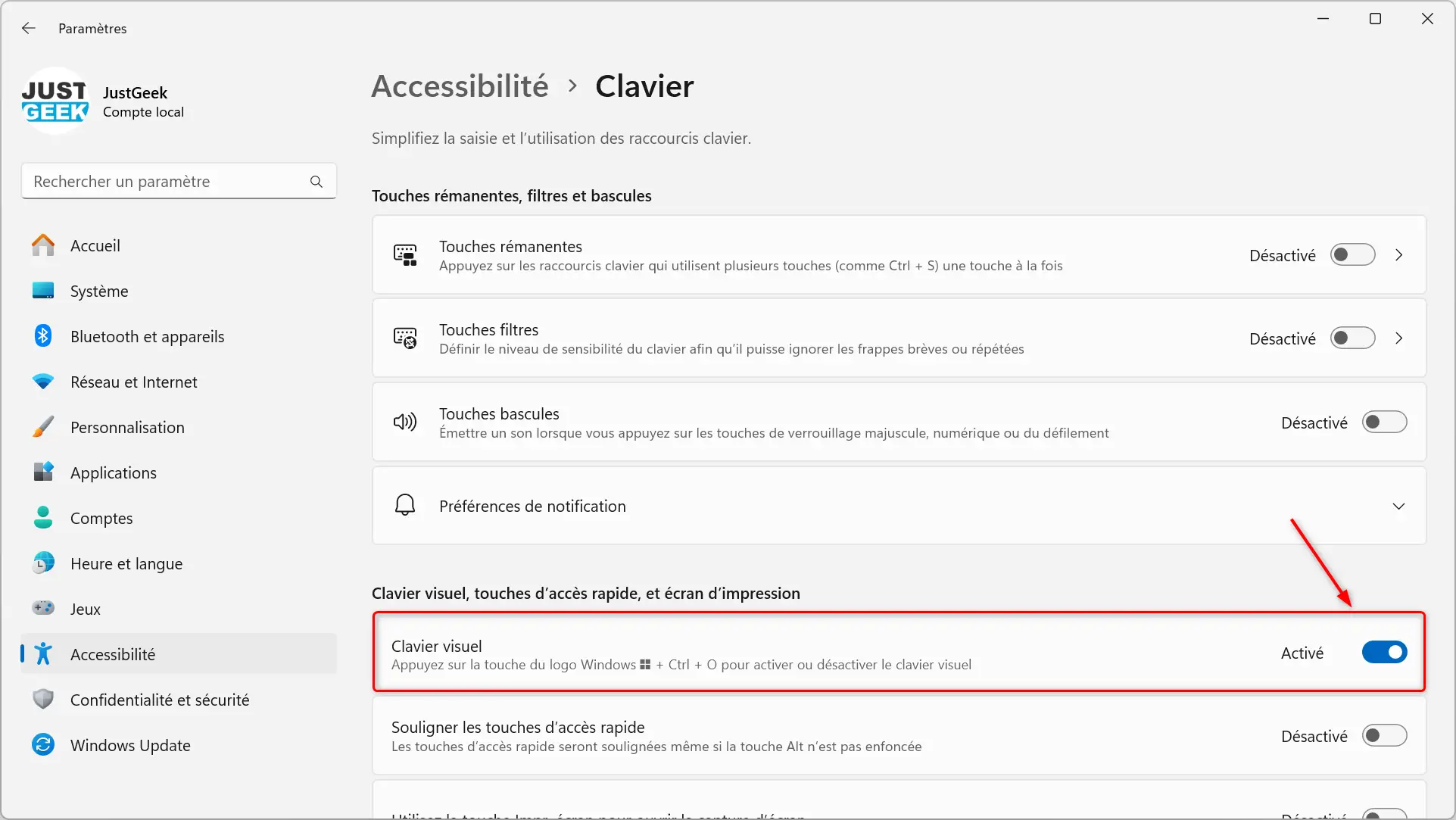 Activer le clavier visuel depuis les paramètres de Windows 11