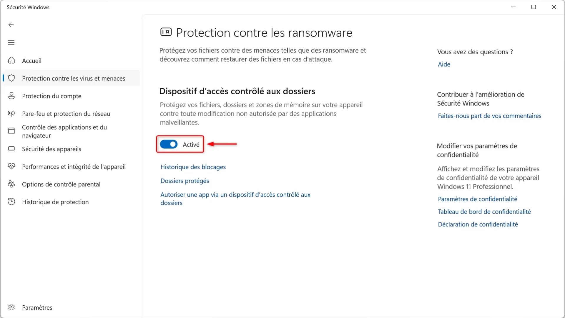 activer protection contre les ransomware windows 11