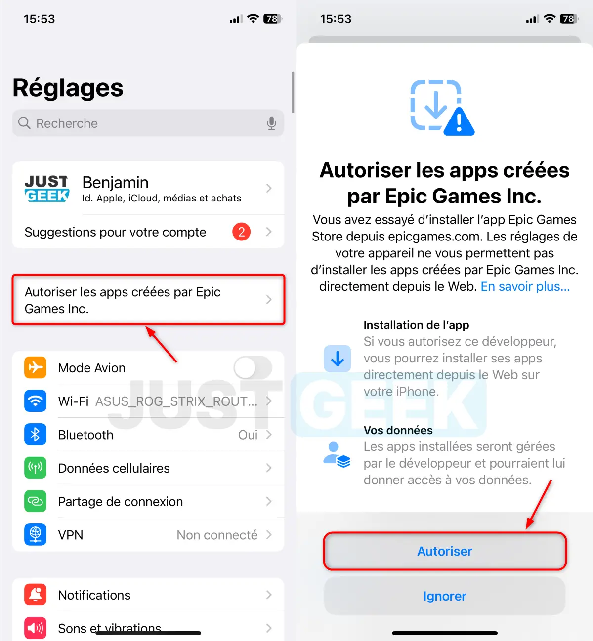 autoriser apps epic games reglages iphone