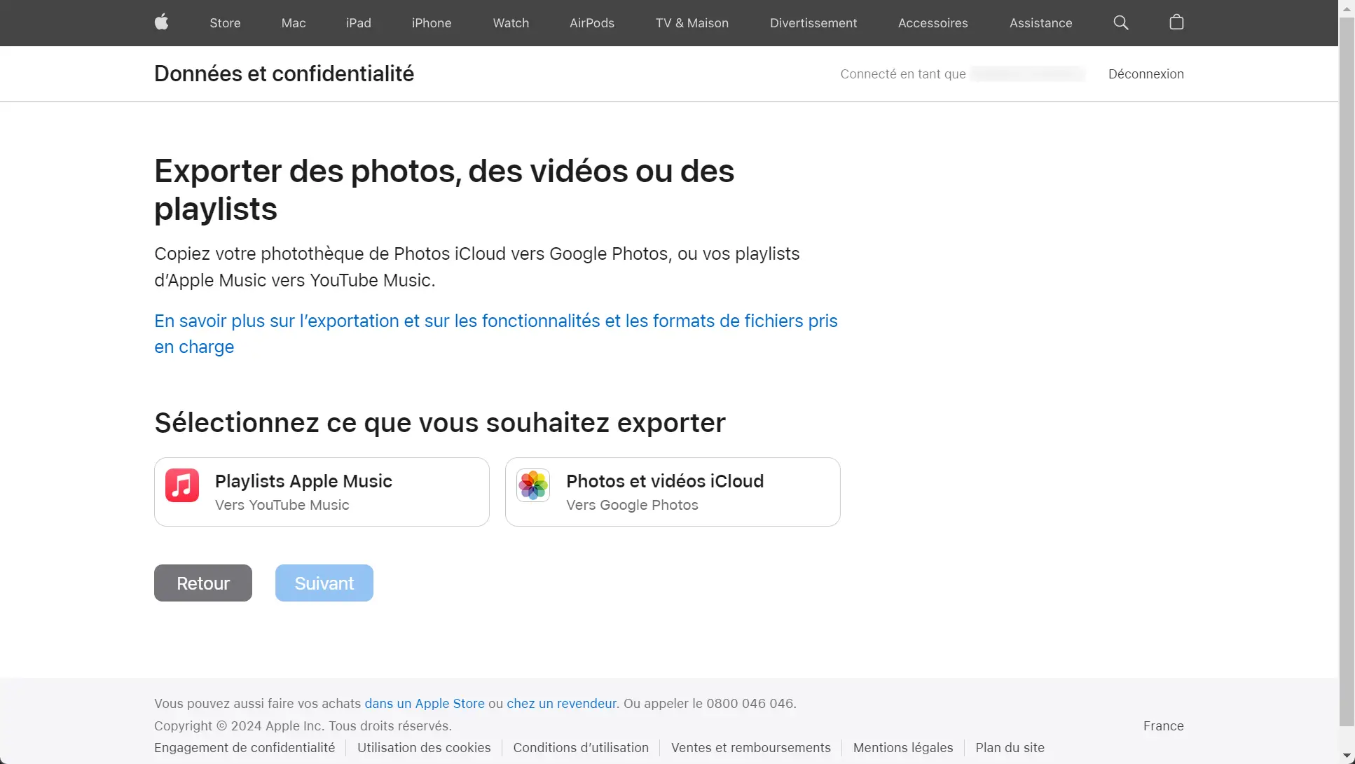 Sélection de Google Photos pour le transfert de données depuis iCloud