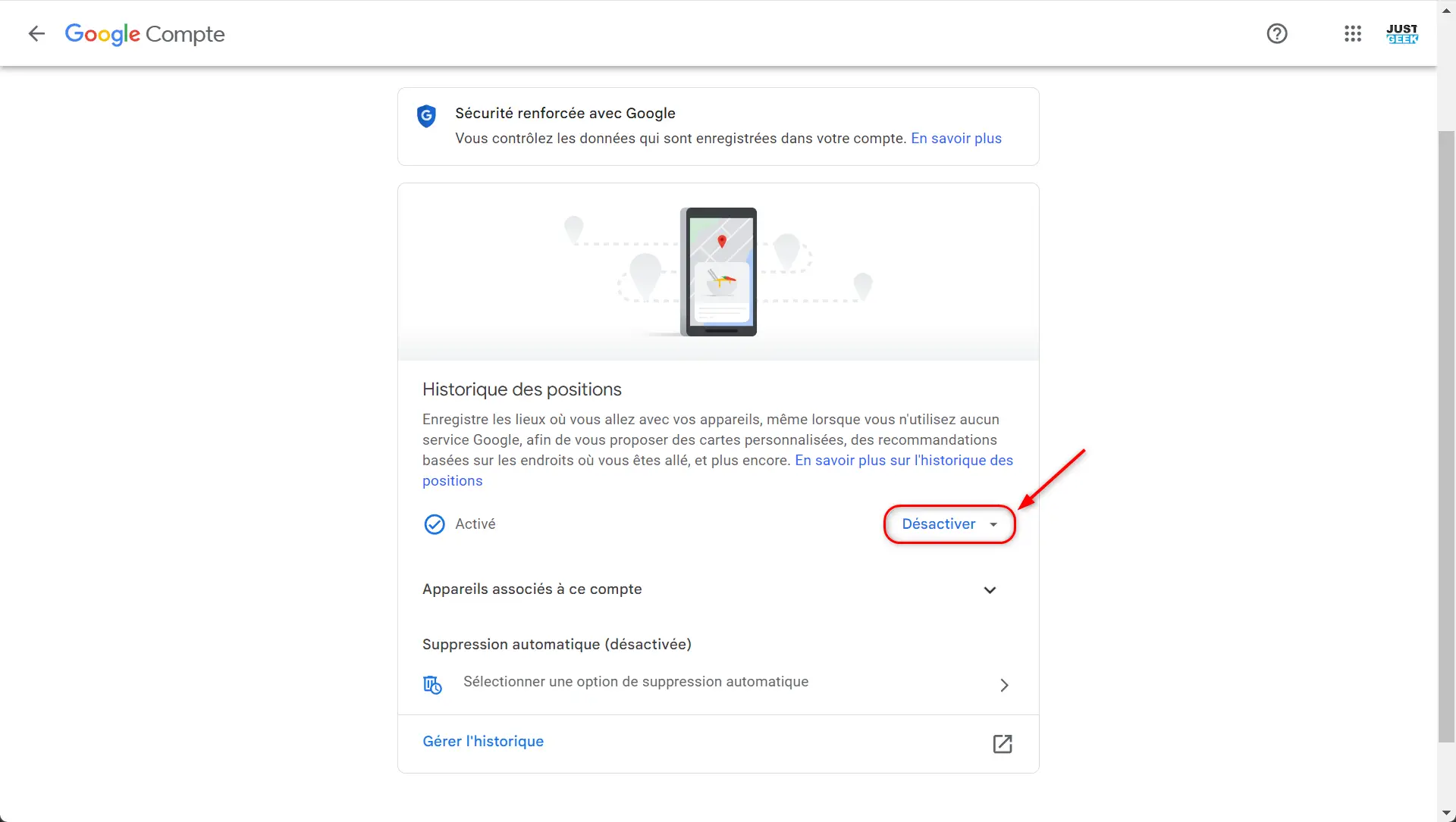 Capture d'écran du bouton "Désactiver" pour l'enregistrement de l'historique des positions dans les paramètres Google