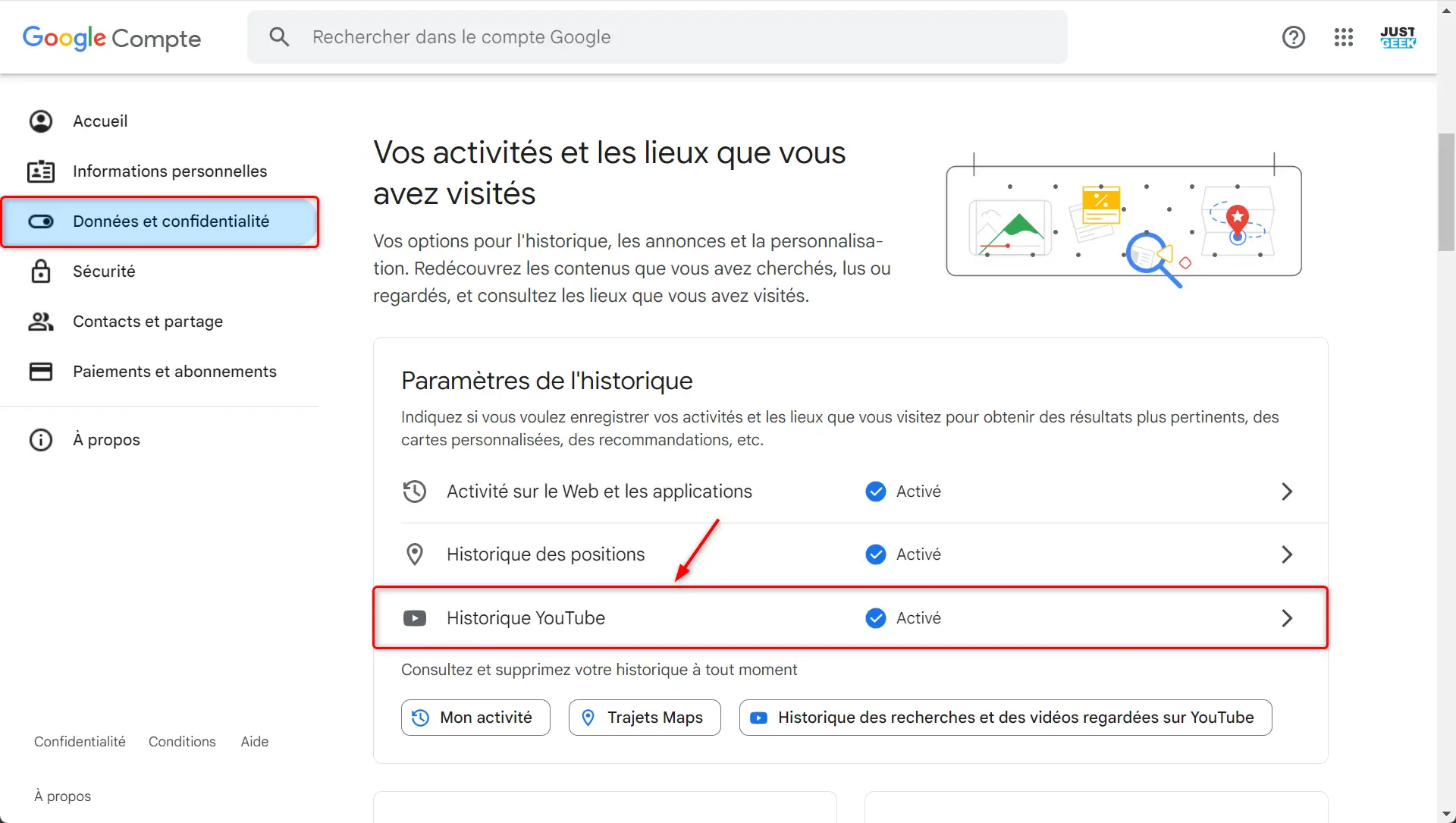 Capture d'écran de l'option "Historique YouTube" dans les paramètres de l'historique Google