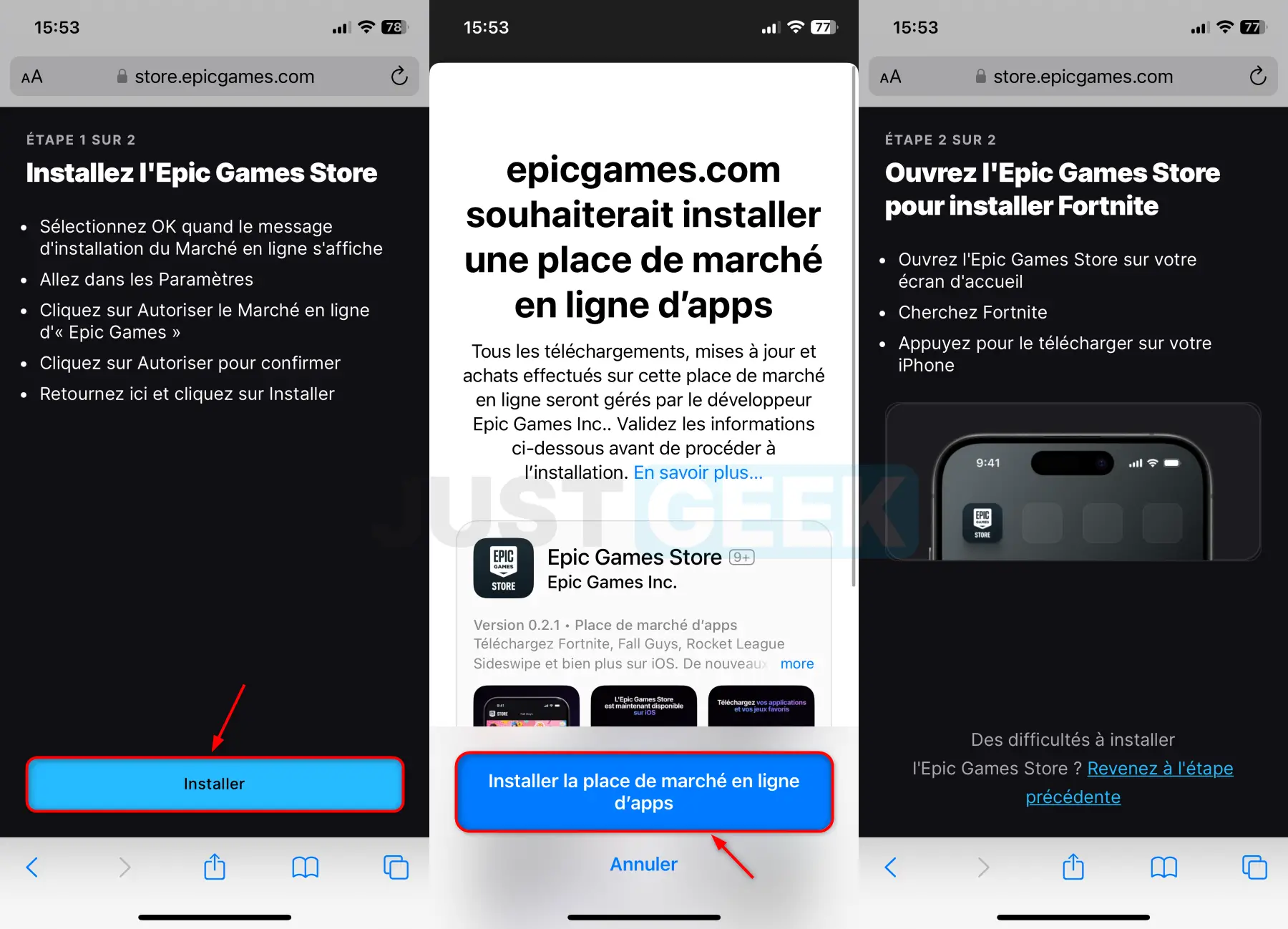 Menu de confirmation pour installer la boutique Epic Games Store sur iPhone, avec le bouton 'Installer la place de marché en ligne