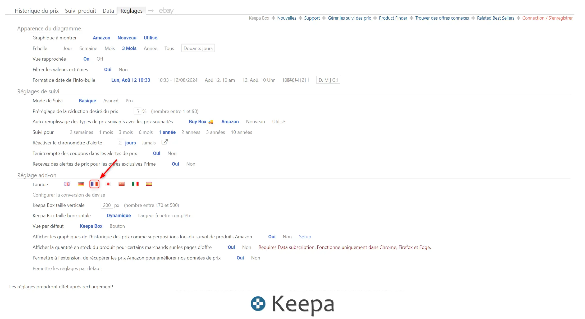 Paramétrage de l'extension Keepa en langue française depuis l'onglet Settings pour une utilisation facilitée par les utilisateurs francophones