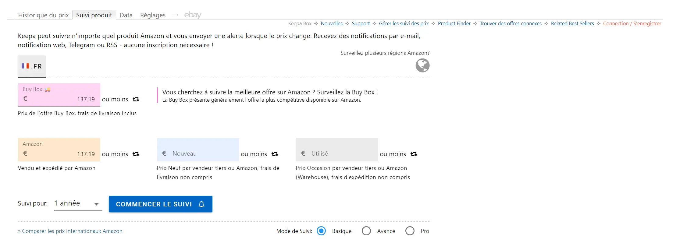 Fonction de suivi de prix Keepa permettant de recevoir des alertes par e-mail, notification web, Telegram ou RSS lorsque le prix d'un produit Amazon baisse, avec possibilité de fixer un prix maximum