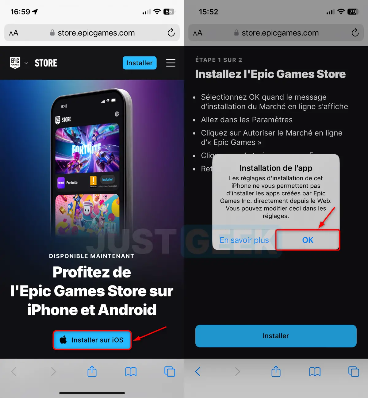 message avertissement installation epic games store iphone