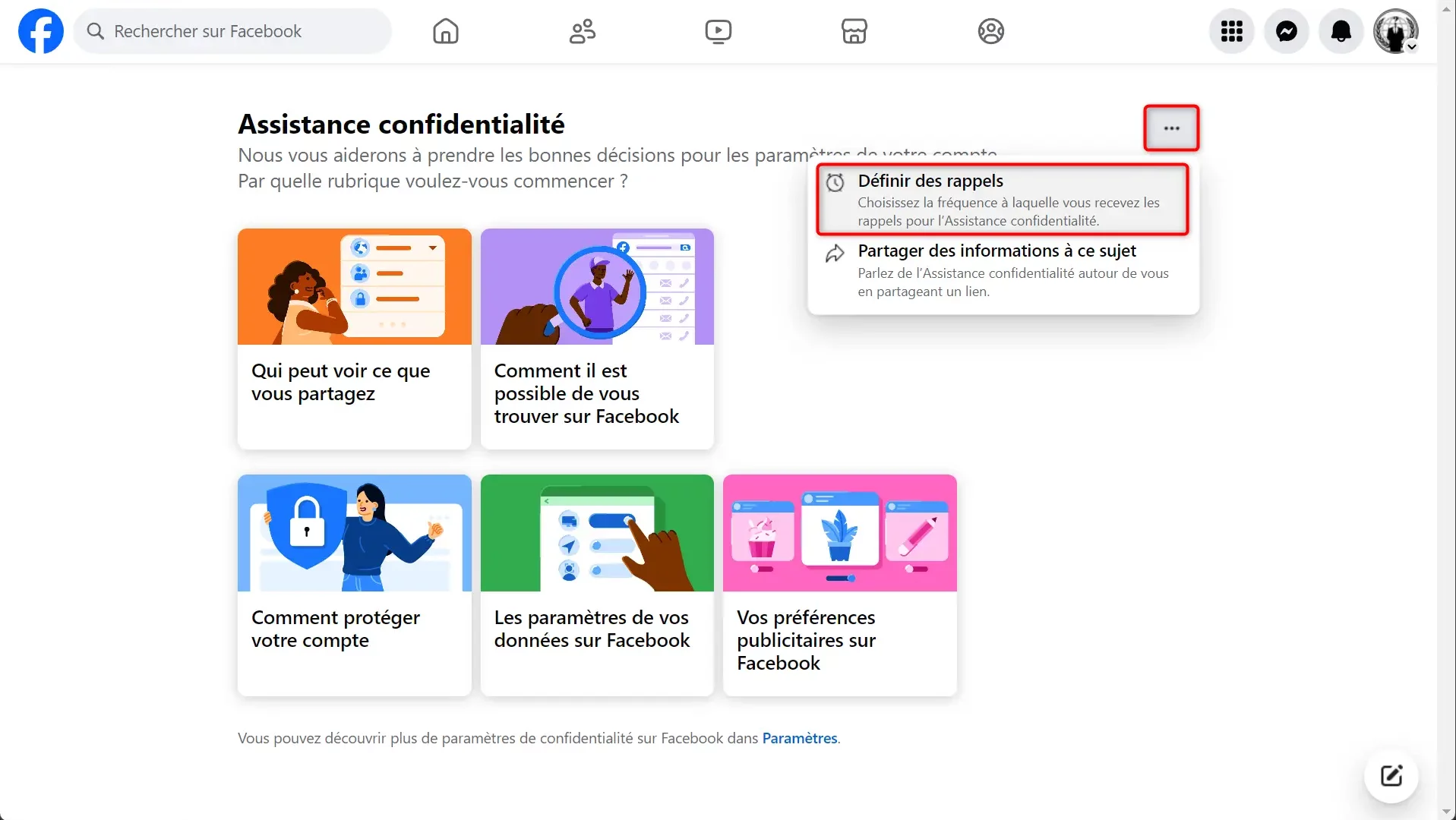 Capture d'écran de l'assistance confidentialité de Facebook