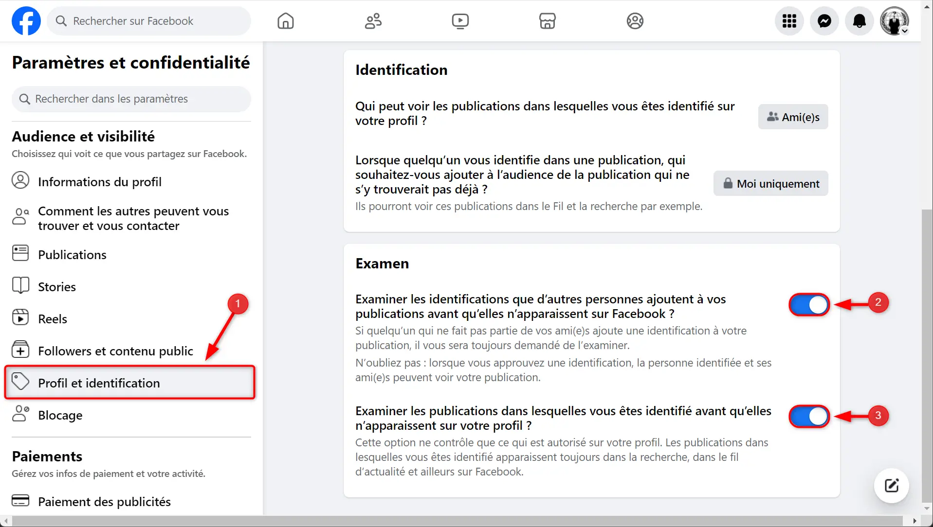 Capture d'écran des paramètres Facebook pour contrôler les identifications sur les publications