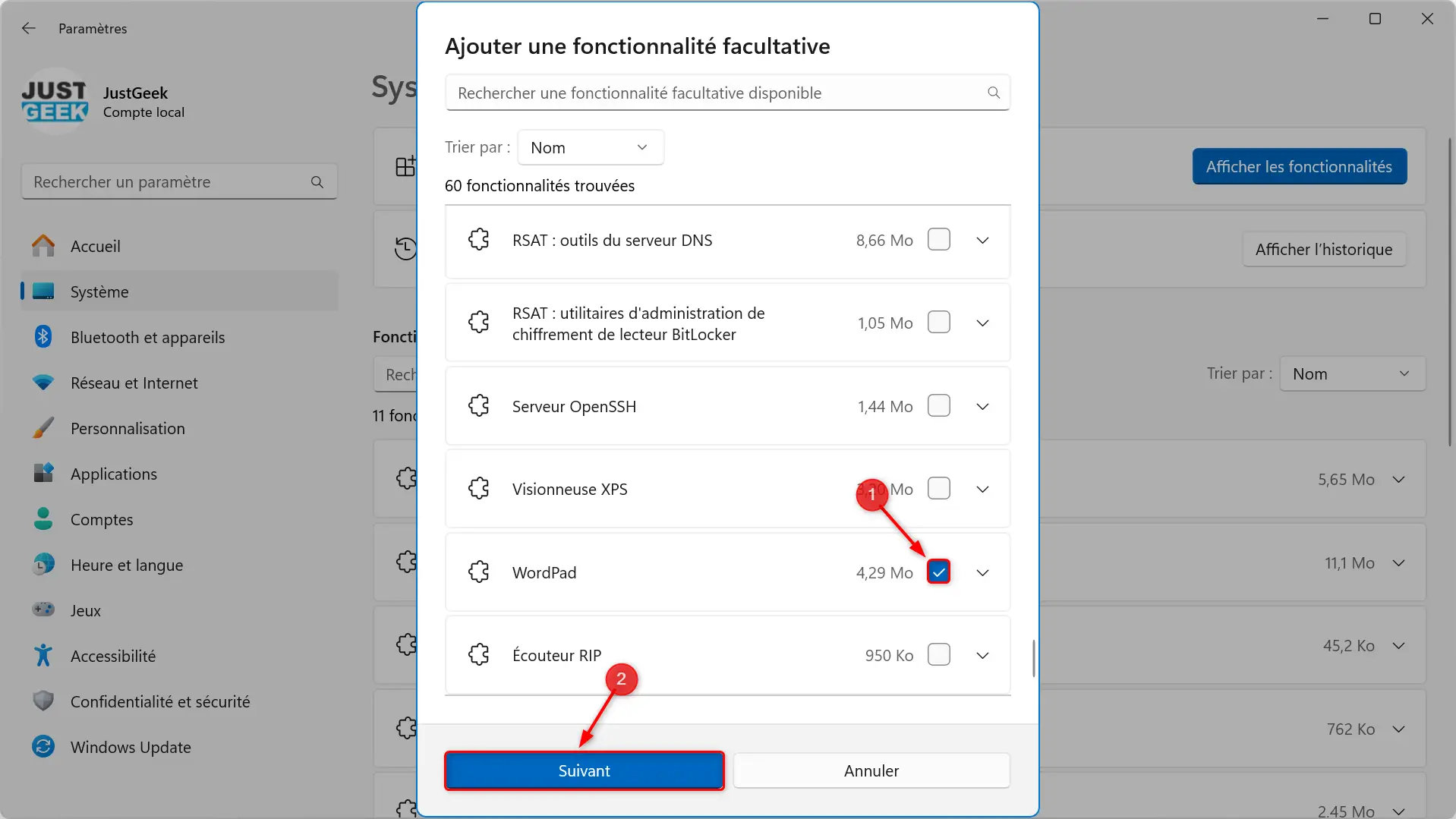 Capture d'écran de la fonctionnalité WordPad sélectionnée dans la liste avec le bouton Suivant en surbrillance.