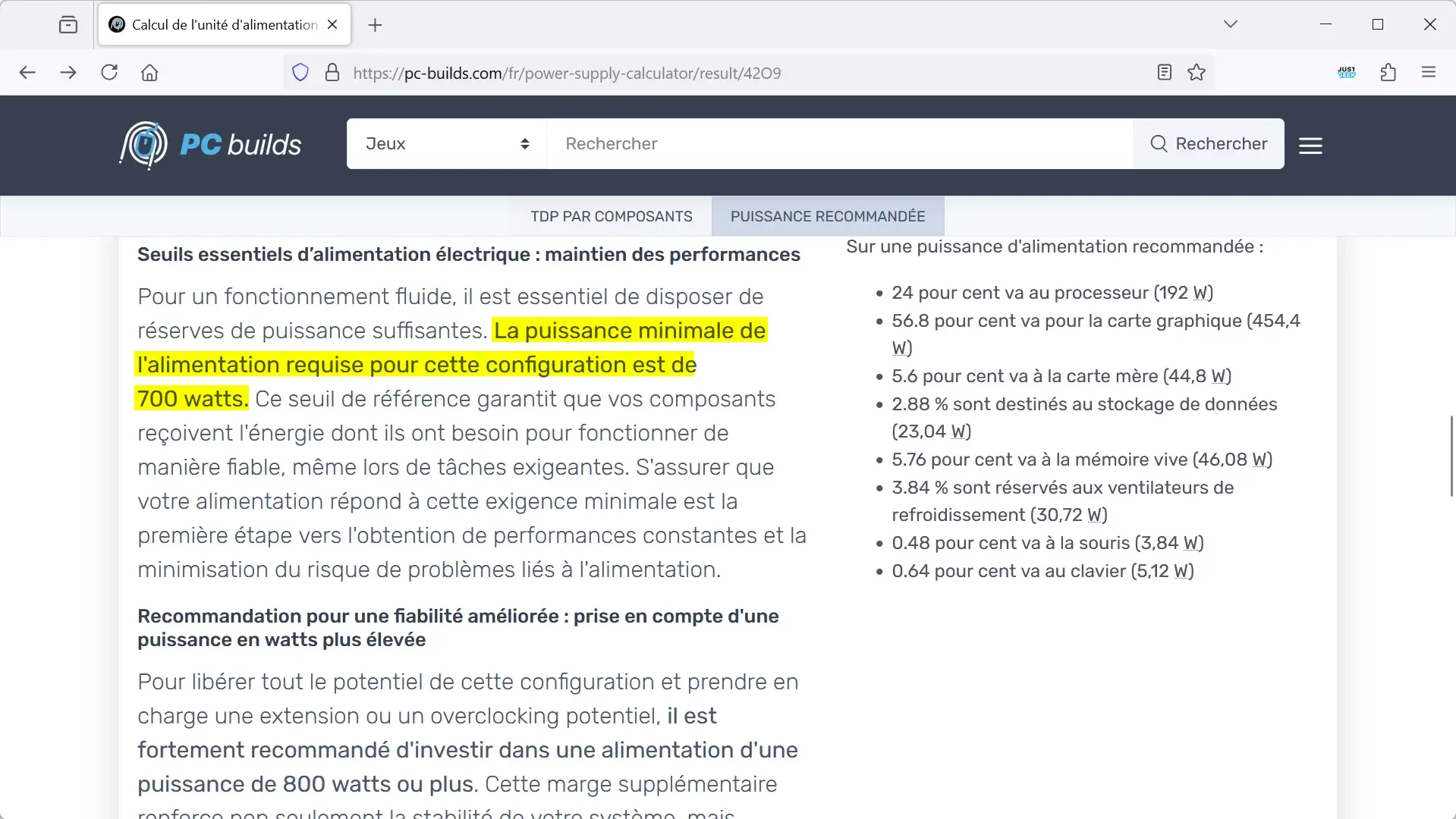 PC Builds Calculateur Alimentation PC Resultats