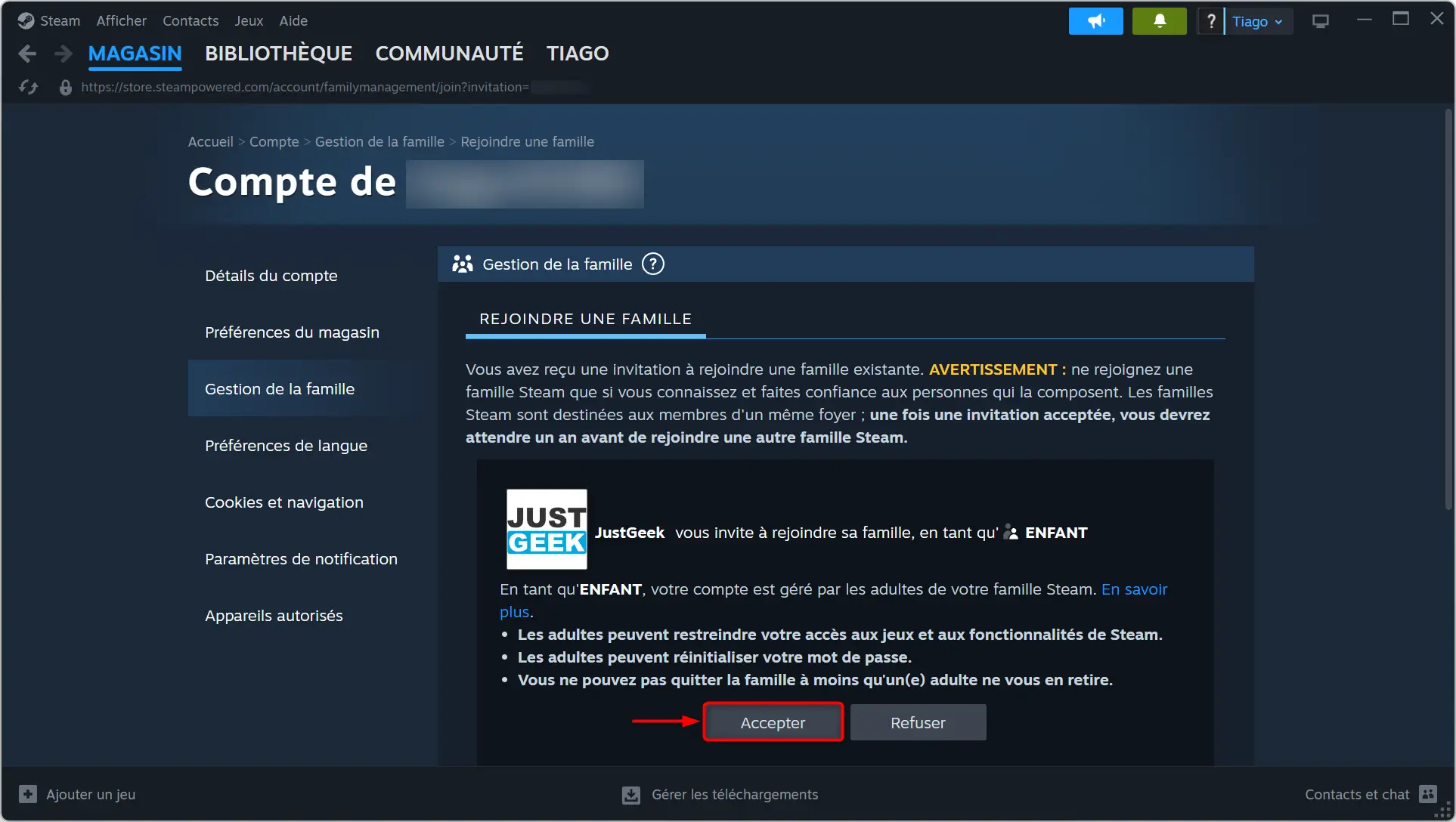 Un membre valide l'invitation reçue par email pour rejoindre la famille Steam