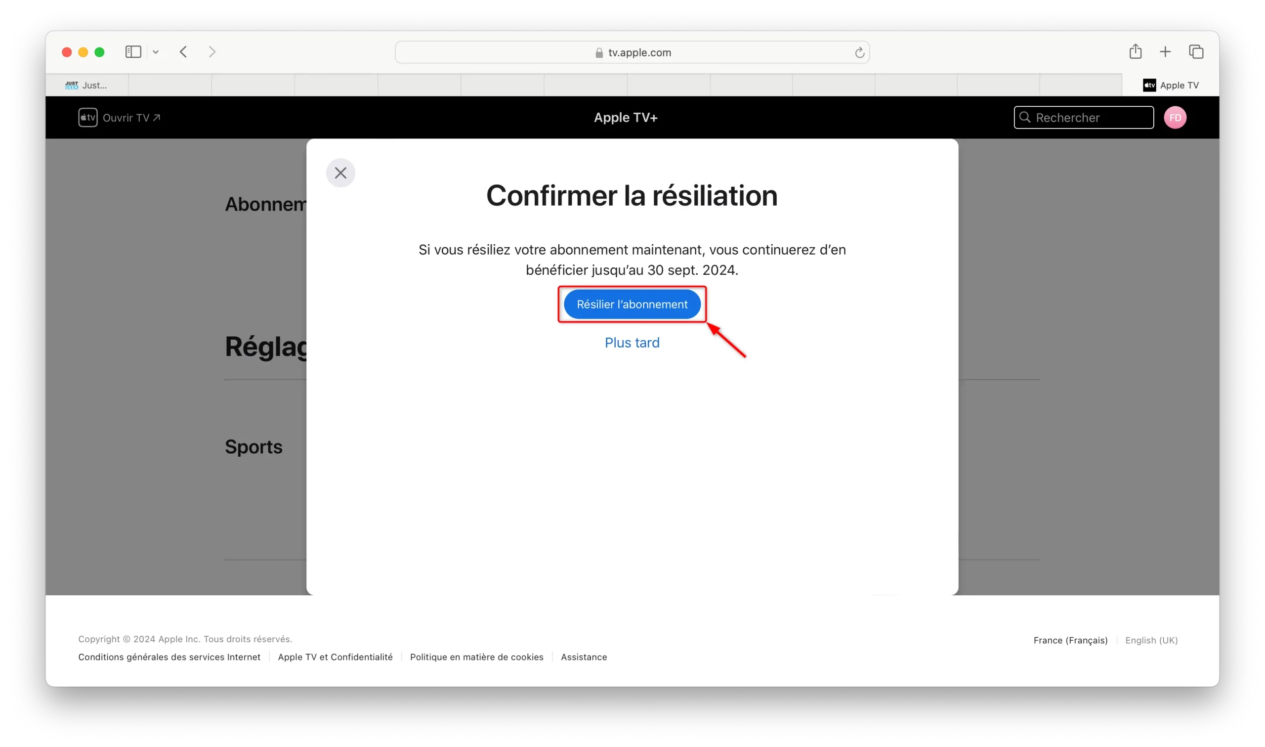 Capture d'écran de la fenêtre de confirmation pour résilier l'abonnement Apple TV+, avec le bouton "Résilier l'abonnement" à cliquer pour confirmer l'action