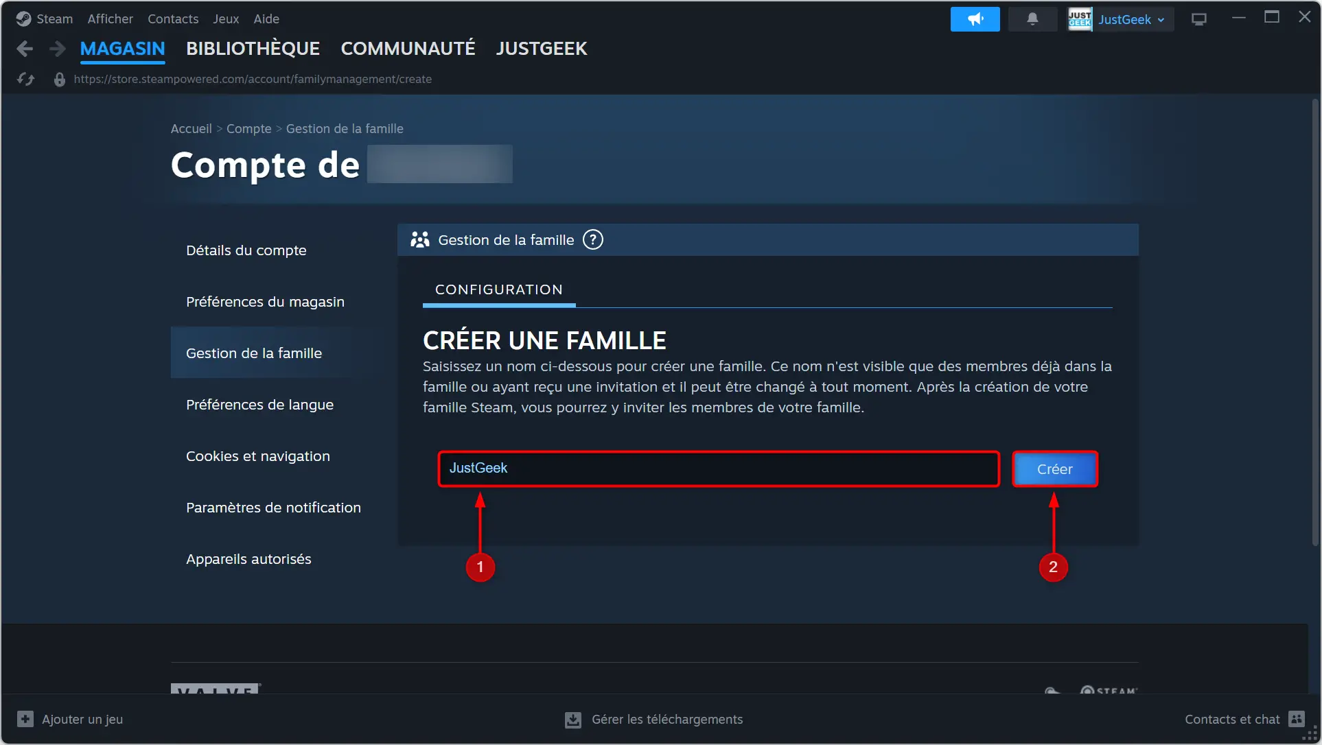 Choisir un nom pour la famille Steam lors de la création de la famille