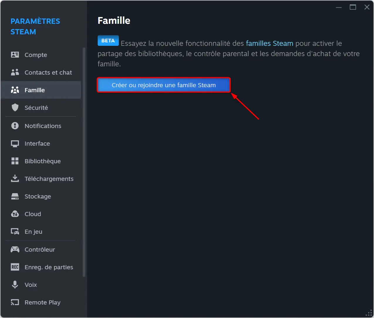 Accéder à l'onglet Famille dans les paramètres Steam pour créer une famille