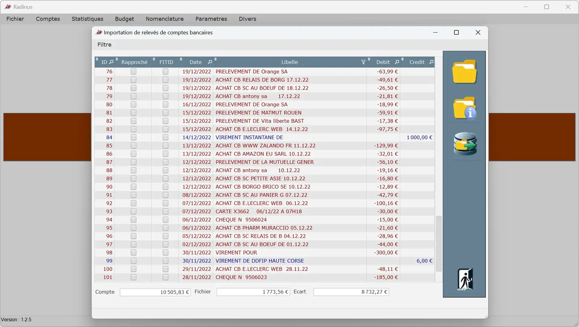 Radinus importation releves comptes bancaires
