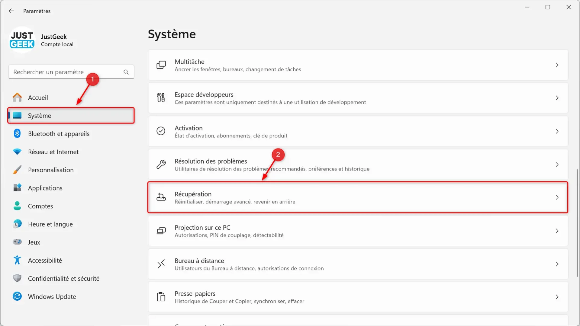 Accéder aux paramètres de récupération dans Windows 11 via le menu système