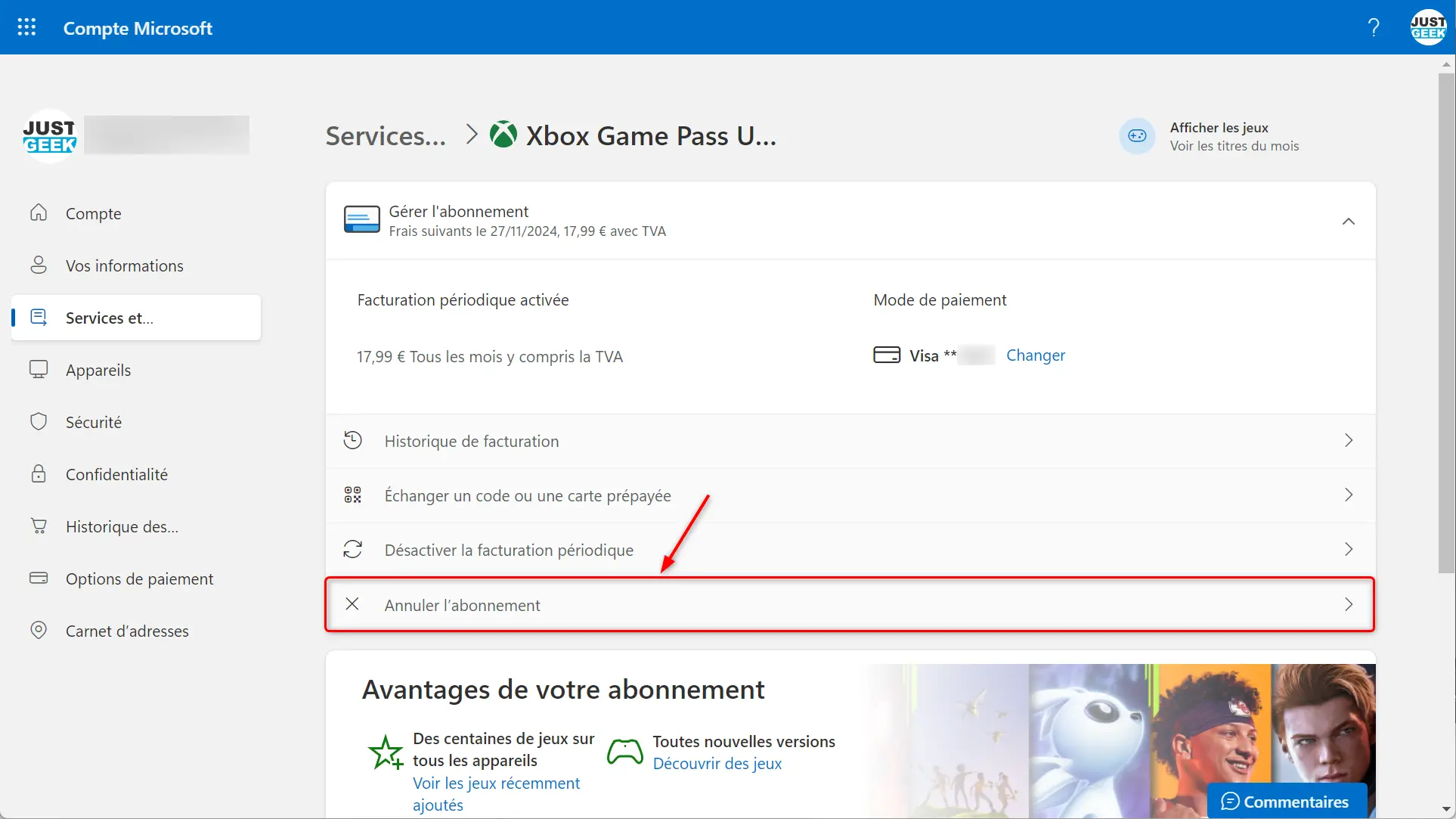 resilier abonnement xbox game pass etape 2