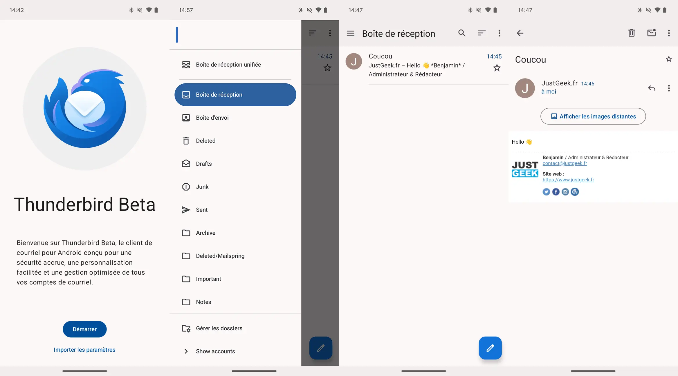 Capture d'écran de l'interface de l'application Thunderbird sur Android