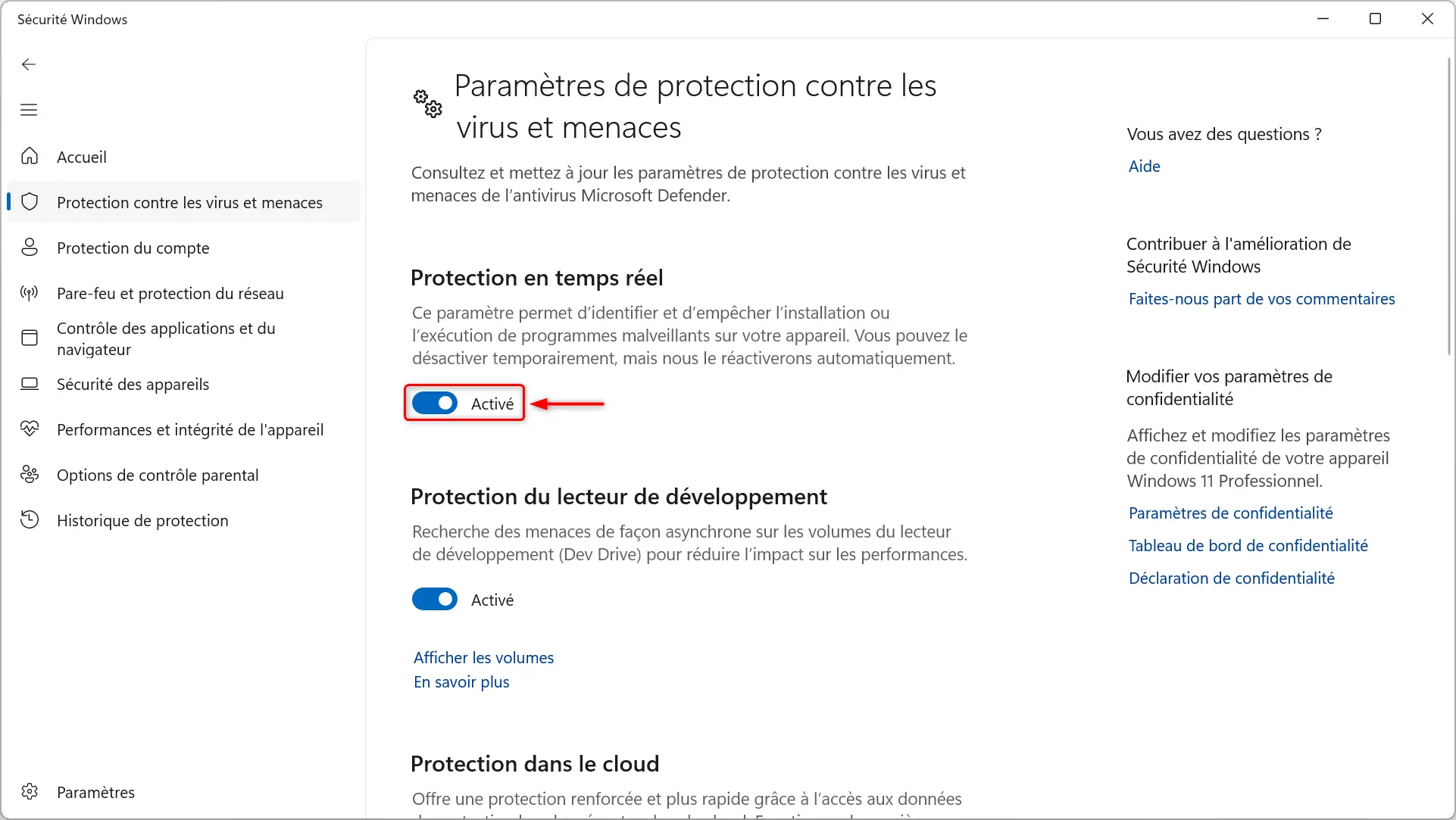 activer protection en temps reel securite windows