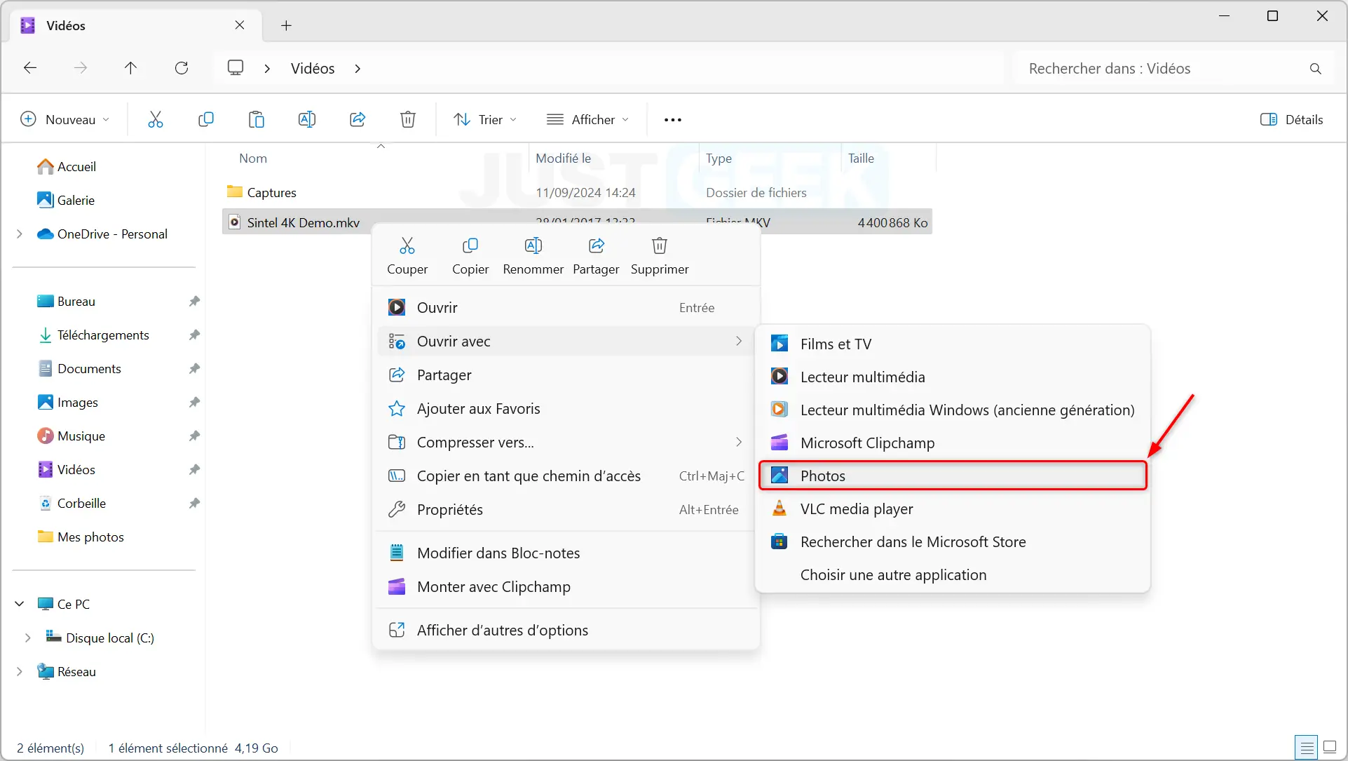 Ouvrir une vidéo avec l'application Photos sur Windows 11